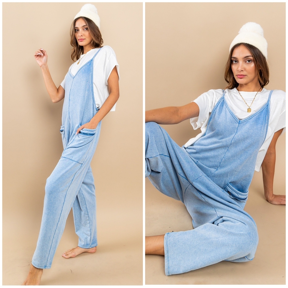 Ces Femme Washed Blue Soft Knit Jumpsuit Overalls - Picture 2 of 9